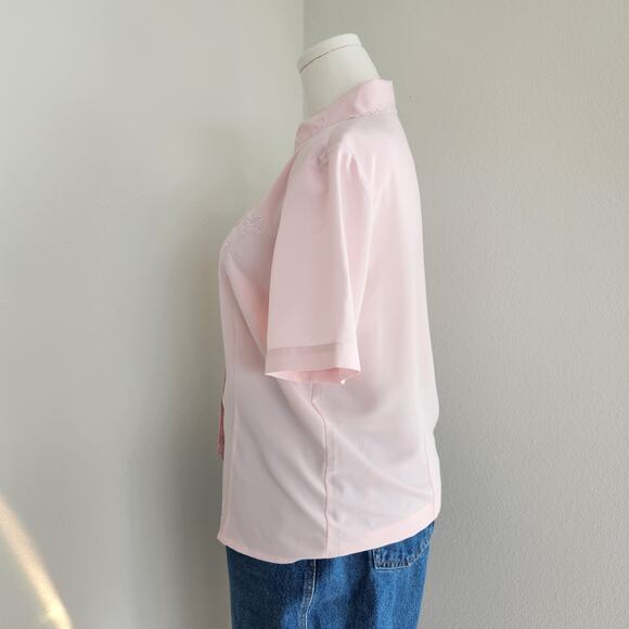 Vintage 80s Joanna Pink Embroidered Scalloped Button Down Short Sleeve Blouse M - Picture 5 of 10